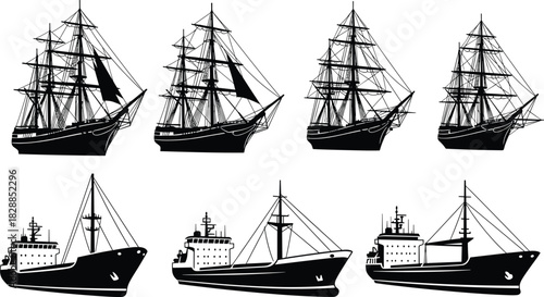Set of black ship silhouettes, vintage sailing frigates, modern cargo vessels, marine transport icons, nautical vector illustration for sea travel design.