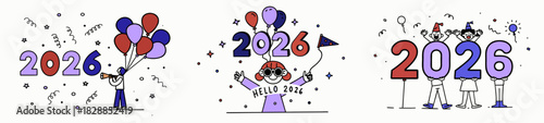 Illustrations celebrating the year 2026 with balloons, confetti, and people expressing joy and excitement
