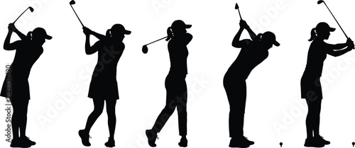 Set of five black silhouettes of female golfer swinging, woman playing golf, sport athlete vector illustration, active girl player shapes, isolated on white background.