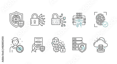 Collection of Digital Security and Technology Icons Depicting Protection and Privacy.