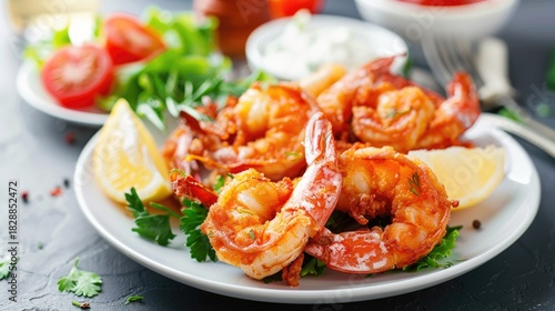 Fototapeta Naklejka Na Ścianę i Meble -  Crispy fried shrimp on a white plate with herbs, on a table in a restaurant. A delicious healthy lunch.