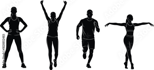 Athletic silhouette icons, running figure, dance pose, confident stance, physical movement, body posture, fitness symbols, motion illustration, active lifestyle