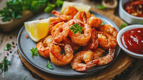 Fototapeta Naklejka Na Ścianę i Meble -  Crispy fried shrimp on a white plate with herbs, on a table in a restaurant. A delicious healthy lunch.