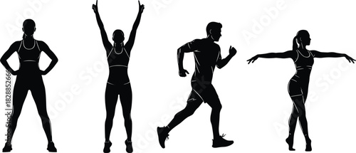 Athletic silhouette icons, physical activity poses, running figure, dance movement, power stance, stretching pose, fitness illustration, body motion symbols