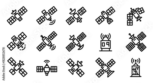 Collection of Diverse Satellite Icons Representing Space Technology and Communication.