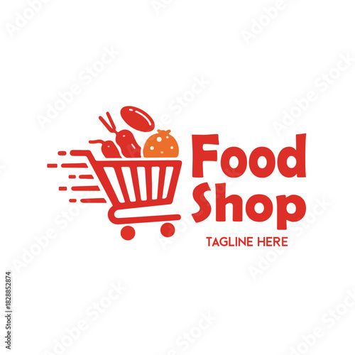Shopping cart icon filled with food items and a fast-moving effect, representing grocery delivery Vector logo template