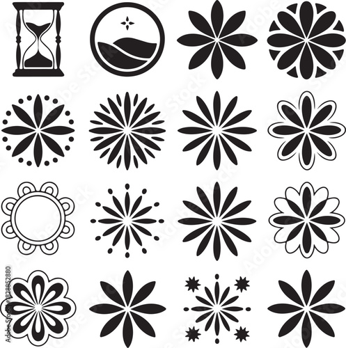 Assorted Abstract Flower Designs and Time Measuring Device Black and White