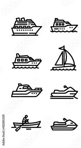 Collection of eight distinct watercraft line art icons, including cruise ship, yacht, sailboat, and jet ski.
