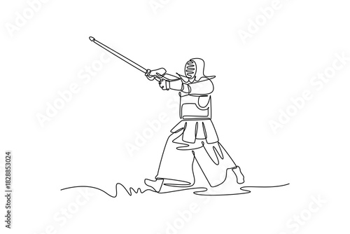 Single one line drawing man Kendo athlete poised in forward stance, lunging to strike with bamboo sword (shinai). Discipline and dynamic action. Continuous line draw design graphic vector illustration