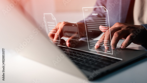 Digital data document management system (DMS), online documentation database and process automation to efficiently manage files, knowledge documentation in enterprise. Corporate business technology.