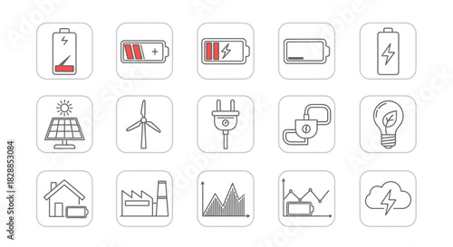 Collection of Energy and Sustainability Icons in Outline Style.