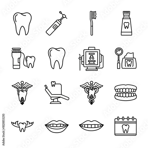 Collection of Dental Care Icons Representing Oral Hygiene and Treatment.