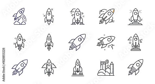 Collection of Detailed Black and White Line Art Rocket Ship Illustrations.