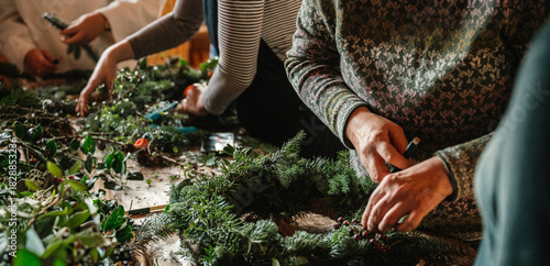Wallpaper Mural Gemeinsames Adventskranzbinden mit Tannenzweigen und Naturmaterialien Torontodigital.ca