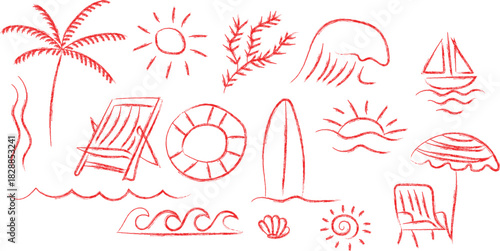 Summer beach vacation doodle set with palm tree and surfboard