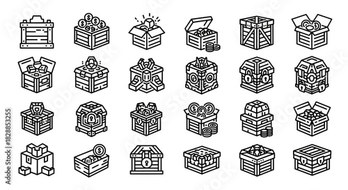 Collection of Detailed Black and White Treasure Chest Illustrations with Various Designs and Contents.