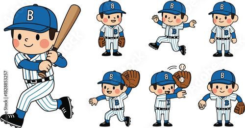 Cartoon baseball player, sports character, batting pose, pitching action, catching glove, running athlete, team mascot, playful sports illustration