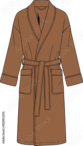 Unisex bathrobe technical sketch with shawl collar and tie belt, cad drawing flat vector illustration for home wear apparel design