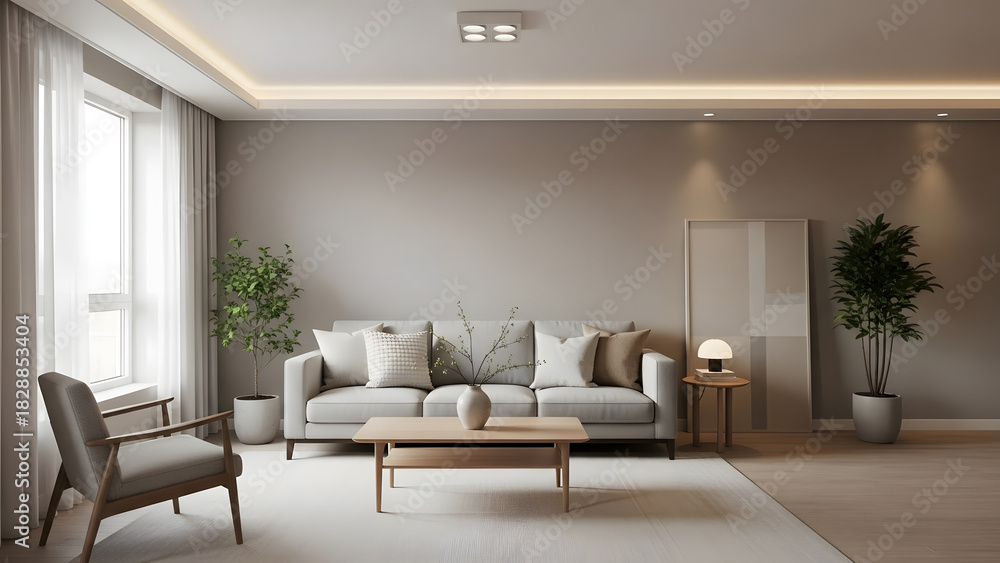 Fototapeta premium Bright modern minimalist living room interior with neutral beige sofa, wooden accents, and soft warm lighting. Clean and elegant home design perfect for real estate, interior design, and lifestyle con