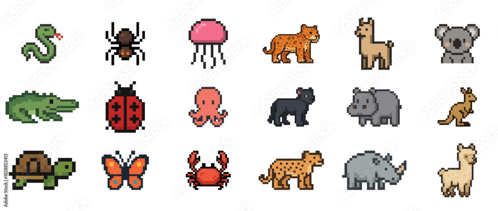 Fototapeta premium Pixel art animals collection: snake, octopus, tiger, koala, rhino, llama