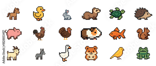 Colorful pixel art animals including duck, rabbit, turtle, hedgehog, and more