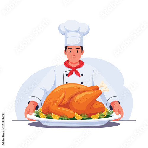Chef presenting golden roast turkey platter for festive celebration meal