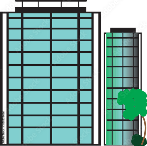 Two modern highrise office buildings with teal glass windows and a small green tree next to the smaller structure, simple illustration 