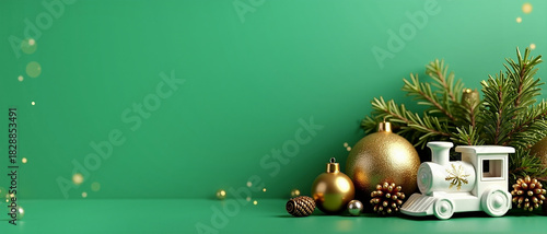 A green Christmas background with a spruce branch, pine cones, golden Christmas tree baubles, and a white toy train. Copy space. AI generative.