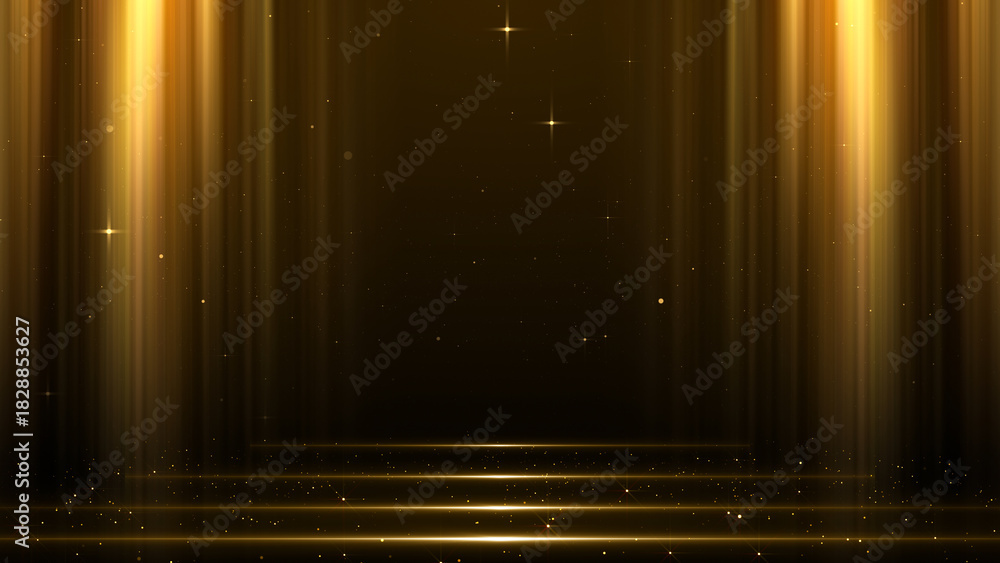 Fototapeta premium Gold Curtain and Glowing Steps Particles Awards Trailer Titles Cinematic Openers Luxury Intro Background 