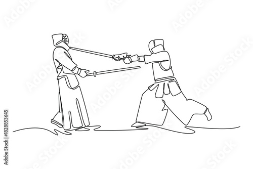 Continuous one line drawing two men Kendo athletes in full bogu armor are engaged in tense sword defense and attack. Dynamic sparring martial arts. Single line draw design vector graphic illustration
