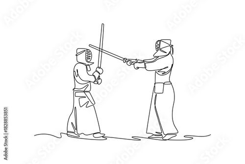 Continuous one line drawing two men Kendo athletes in full bogu armor are engaged in tense sword defense and attack. Dynamic sparring, martial arts. Single line draw design vector graphic illustration