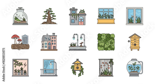 Urban Gardening and Home Nature Elements Icon Collection.