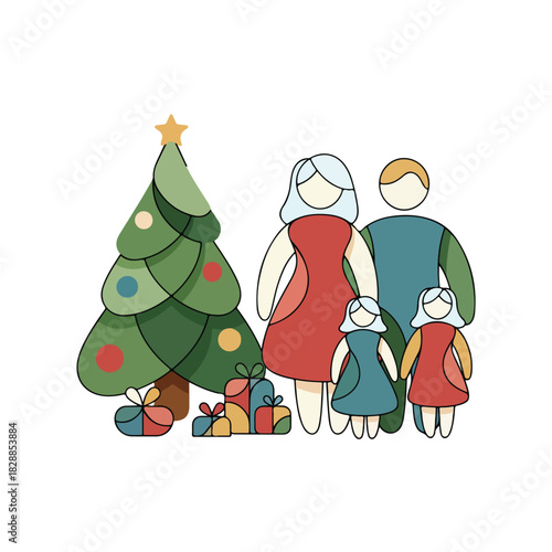 Abstract Minimal Family with Grandparents and Grandchildren Celebrating Christmas - Vector Illustration