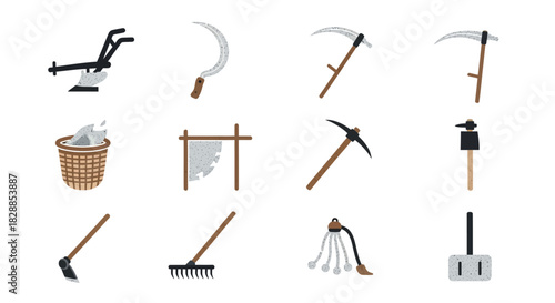 Collection of agricultural tools for farming and gardening.
