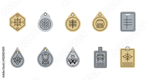 Collection of various metal pendants and tags with intricate designs and symbols, displayed on a white background.