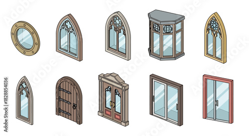 Diverse Collection of Isometric Windows and Doors Illustration.
