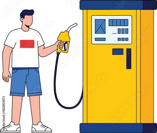 Cartoon man refueling car at gas station, fuel pump illustration, energy consumption concept, transportation, modern petrol dispenser, vector art