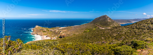 A panorama view from the trail leading to the lighthouse over the peninsula at the Cape of Good Hope, South Africa in springtime