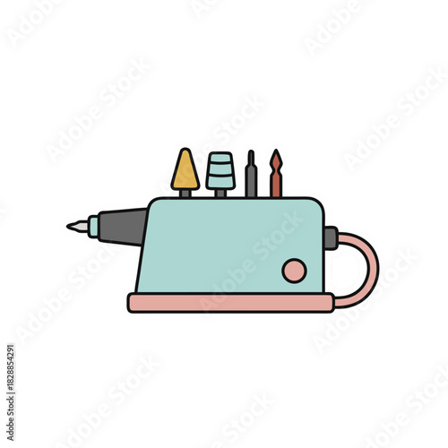 Minimalist Flat Vector Art Sticker of a Pastel Colored Nail Drill Machine with Assorted Drill Bits and Curved Handle on a Black Background