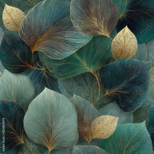 Delicate Hand-Drawn Leaves in Shades of Green and Gold Design