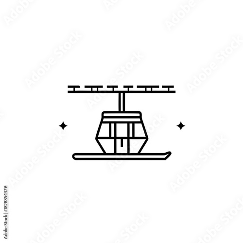 Minimalist Line Art of a Ski Lift Cabin Suspended from Cables Above a Pair of Skis on a Clean White Background.