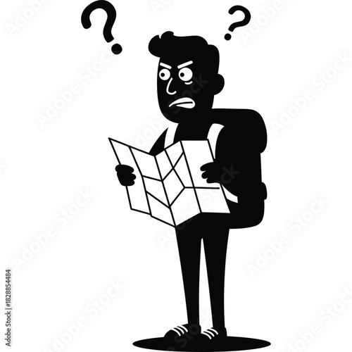 Lost Tourist with Map and Backpack Confused About Directions cartoon illustration travel adventure