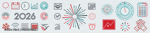 A collection of icons representing new year 2026 celebrations and business related activities in a vector art