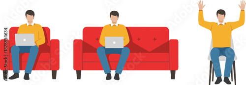 Cartoon person sitting, laptop usage, armchair posture, couch seating, raised hands, casual activity, home setup, ergonomic illustration, relaxed pose
