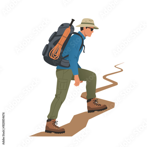 Man With Backpack Hiking Up a Winding Dirt Trail Through a Forest Wearing Hat Sunglasses and Boots Outdoor Adventure and Recreation