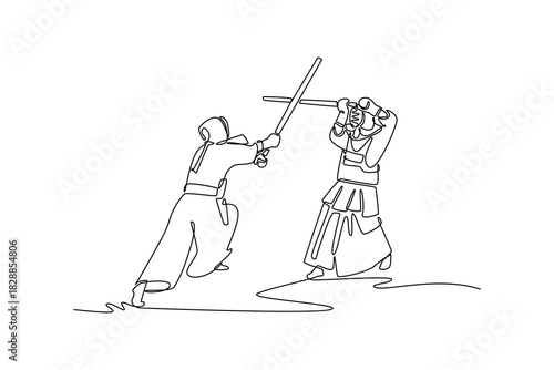 Single continuous line drawing two men Kendo athletes in full bogu armor are engaged in fierce sword clash. Dynamic combat and martial arts discipline. One line draw graphic design vector illustration
