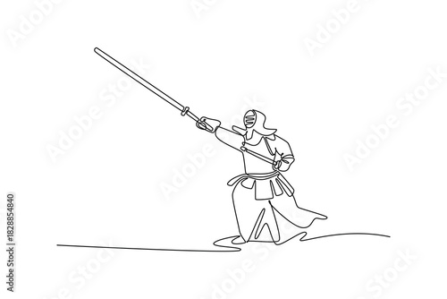 Single continuous line drawing man Kendo athlete poised in forward stance, striking or thrusting bamboo sword (shinai). Discipline and dynamic action. One line draw graphic design vector illustration