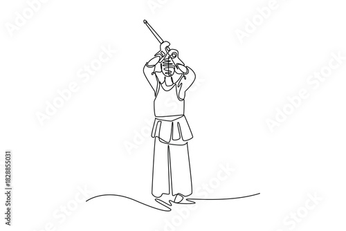 Single one line drawing man Kendo athlete standing in tall guard stance with bamboo sword (shinai) held high overhead. Discipline and readiness. Continuous line draw design graphic vector illustration