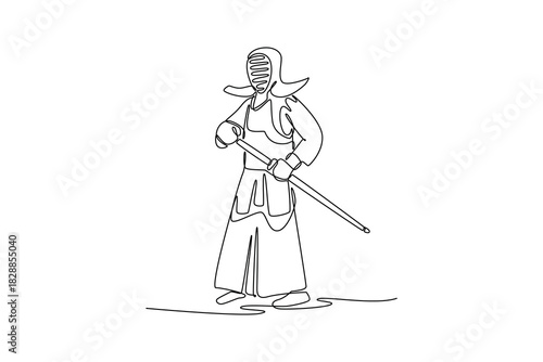 Single one line drawing young man Kendo athlete standing in formal guard stance with bamboo sword (shinai). Discipline, control, and readiness. Continuous line draw design graphic vector illustration