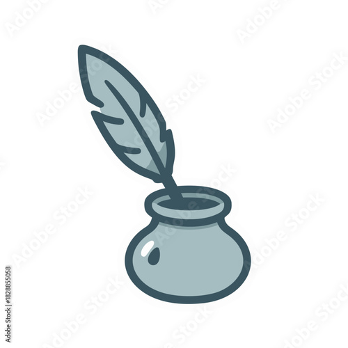Minimalist cartoon inkwell with feather quill pen drawing tool simple illustration for writing or journaling on black background vector art